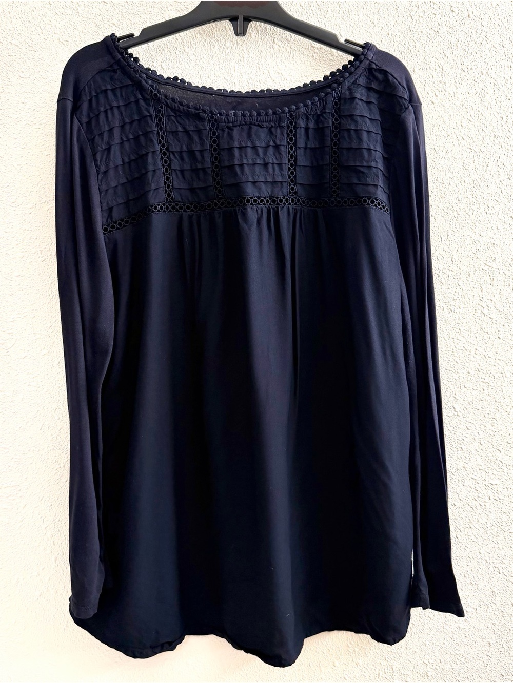LOFT Navy Long-Sleeve Pintuck & Crochet Yoke Top